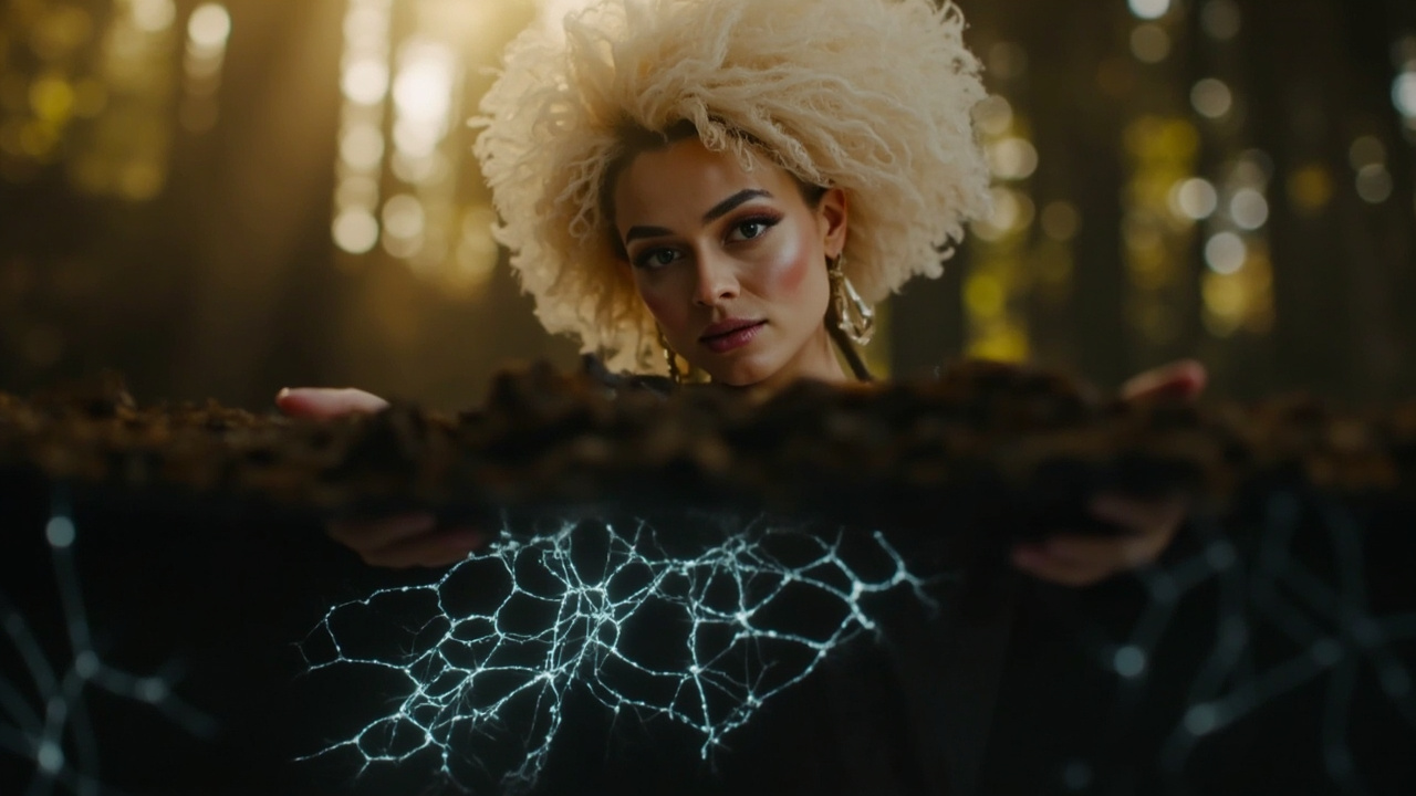 Hand touching glowing mycelium threads in the soil